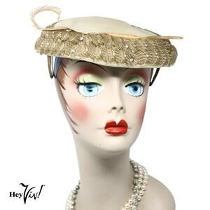 Vintage 50s Platter Hat Dark Ivory w Ruffle and Rhinestones 10" Across - Hey Viv